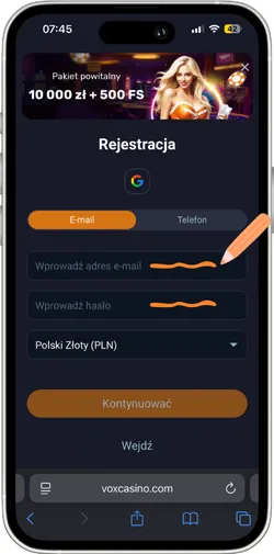 Formularz rejestracji konta VOX Casino